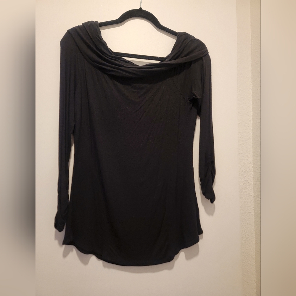 INC Cowlneck, Black 3/4 Sleeve Black Rayon/Spandex top Sz Med